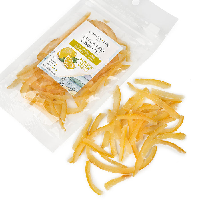A package bag of the product next to dry candied lemon peels