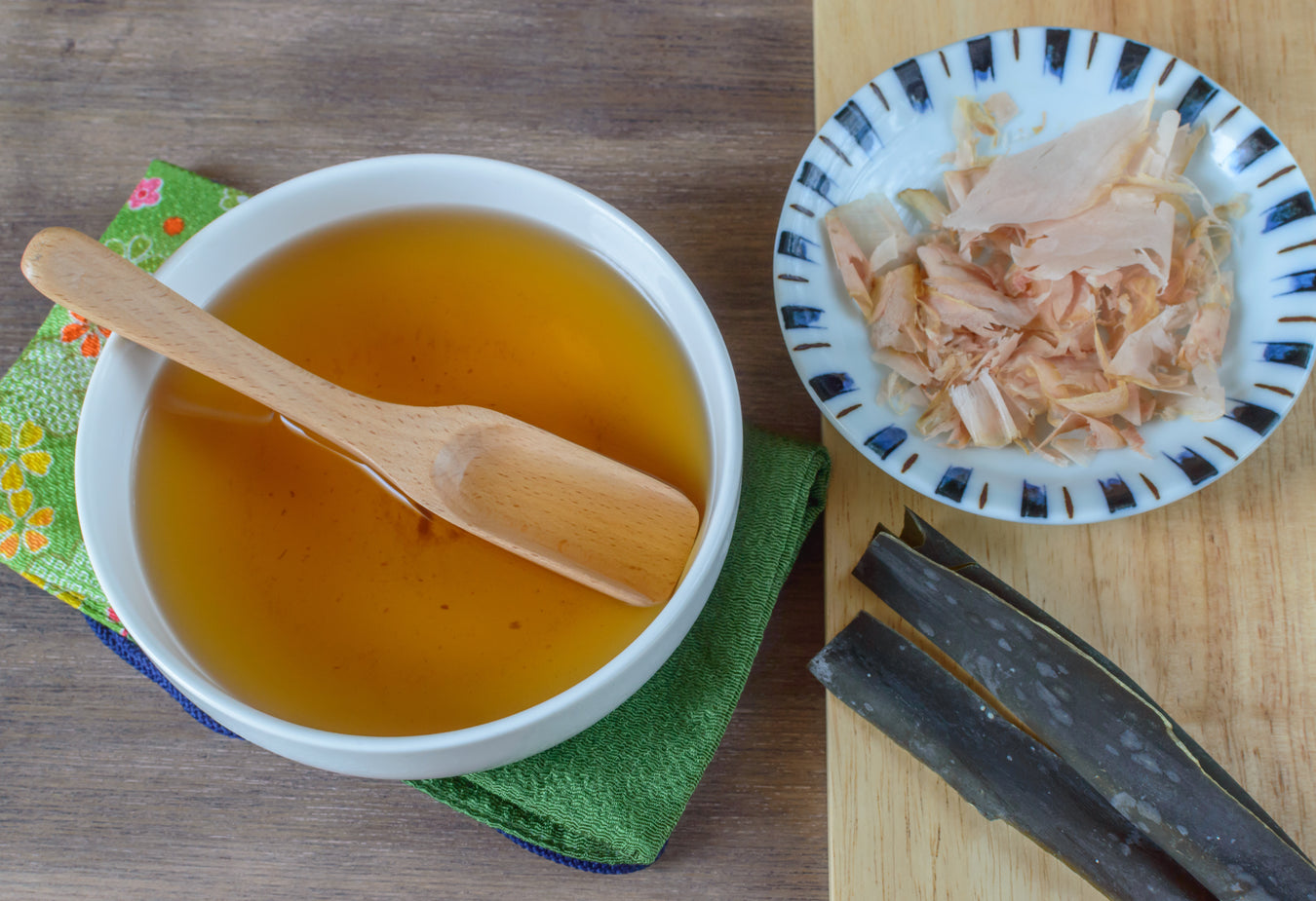 Dashi soup stock with bonito flakes and kombu kelp