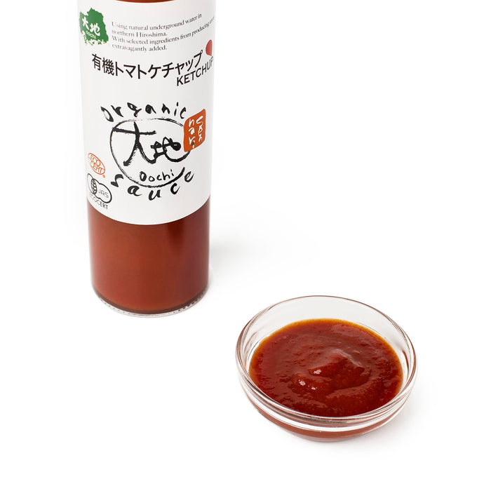 A bowl of ketchup next to a bottle of the product
