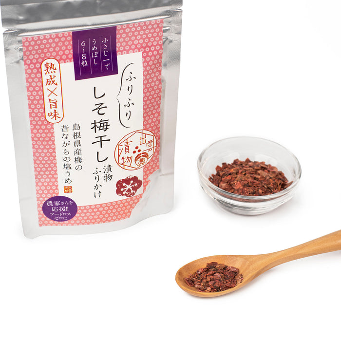 A spoon and a bowl of furikake next to a package bag of the product
