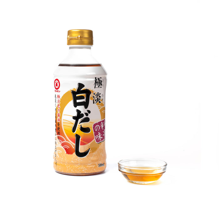 A bottle of the product next to a bowl of shiro dashi