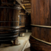 Wooden barrels of soy sauce in brewery