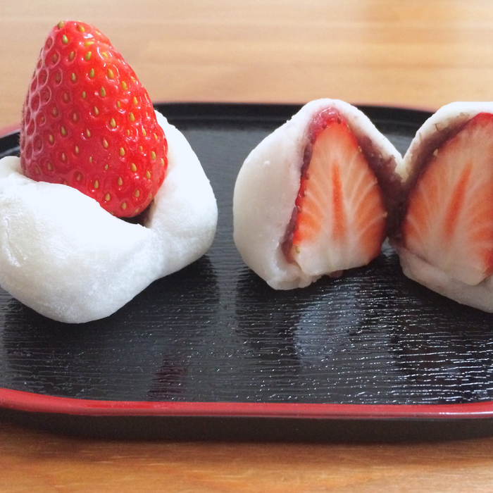 Two strawberry daifuku mochi