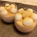 Two glasses of kinako pudding topped with mochi
