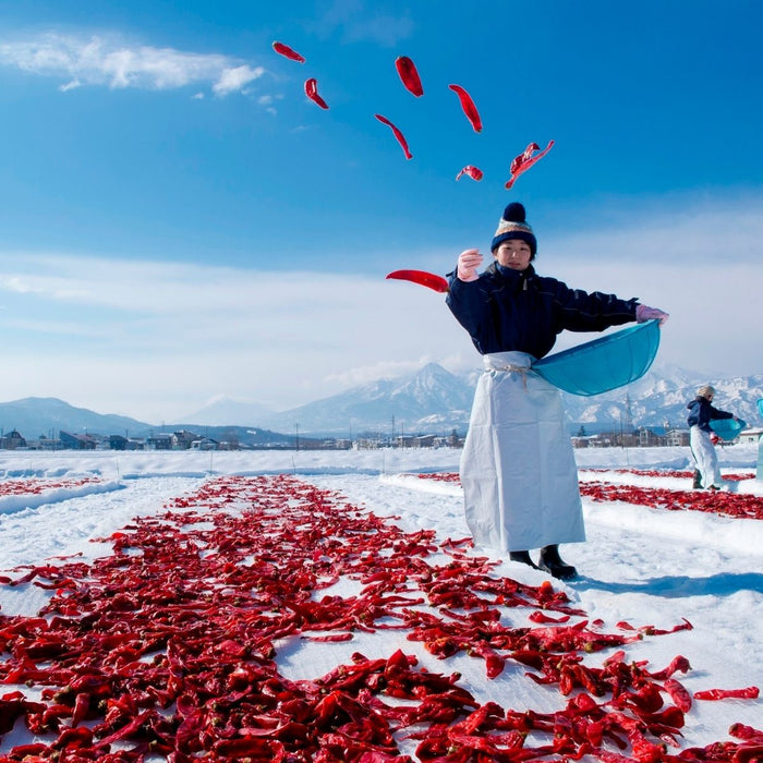 A woman throwing chili peppers onto snow ground