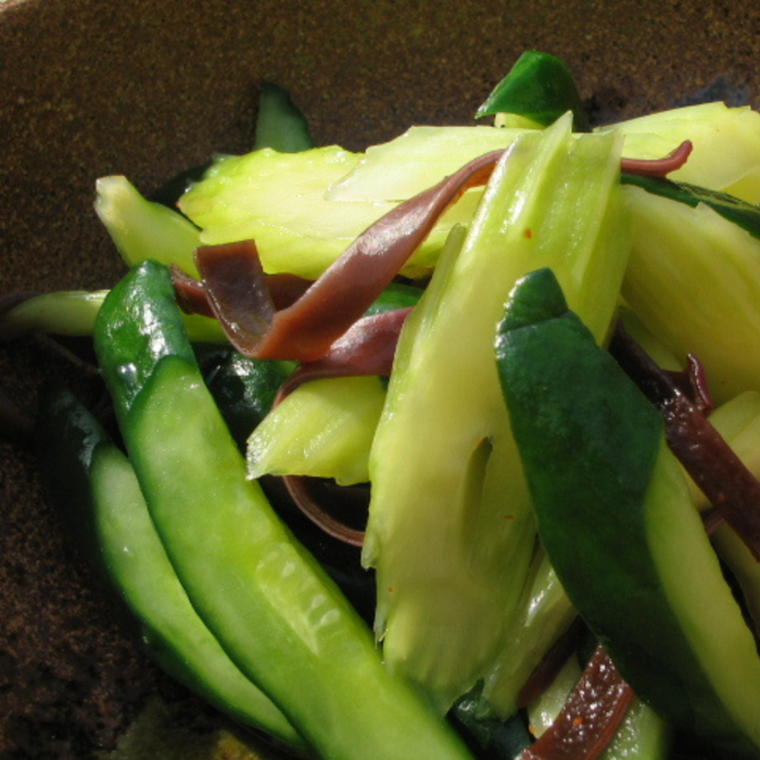 A bowl of cucumber and celery pickles
