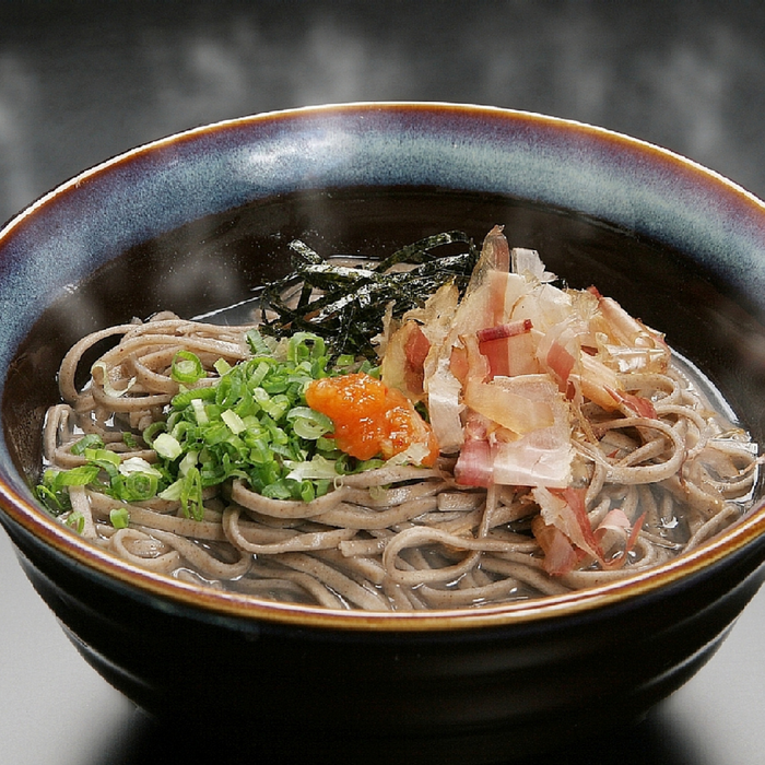 A bowl of hot izumo soba noodles soup