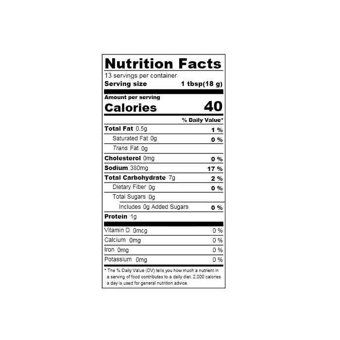 Nutrition facts label of the product