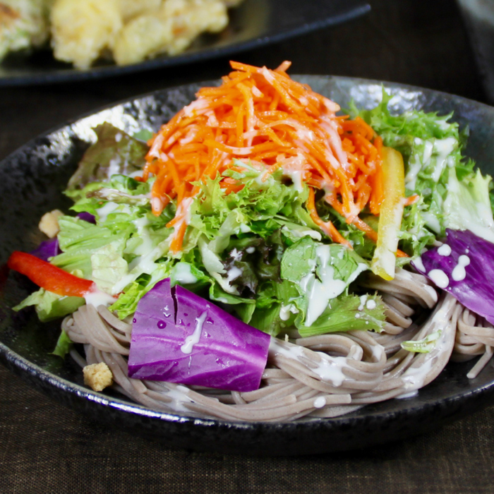 A plate of juwari soba noodles salad
